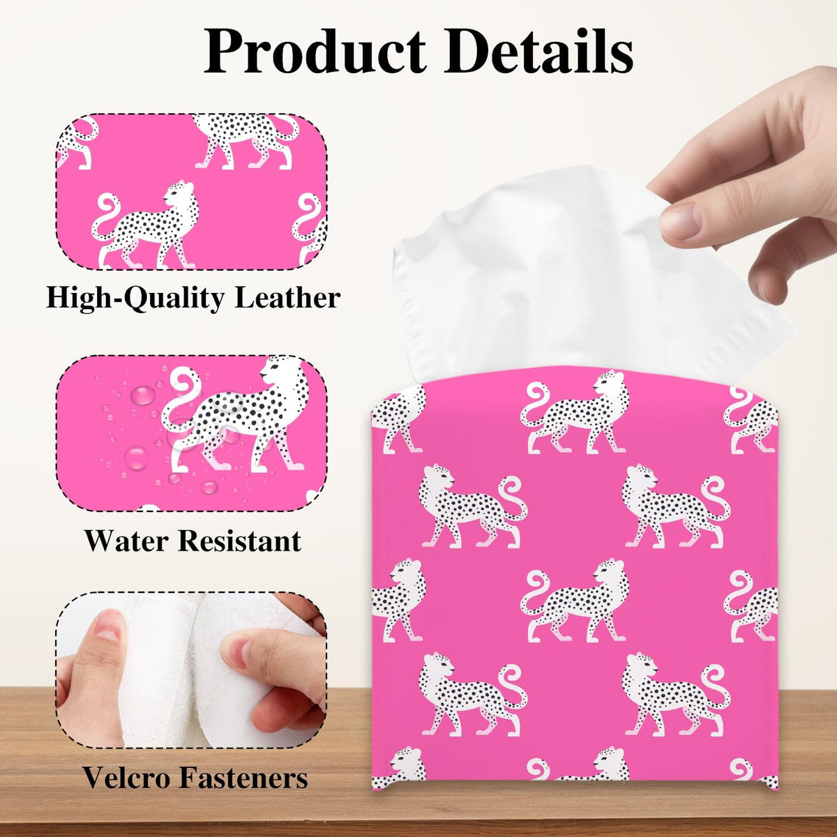 Pink Cheetah Tissue Box Holder, Leather Tissue Box Cover Square, Waterproof Facial Paper Organizer Dispenser for Home Bathroom Bedroom Night Stand Office Countertop -028