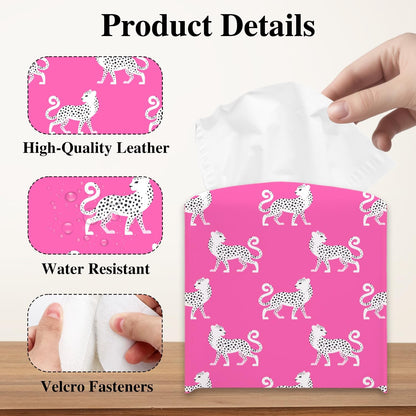 Pink Cheetah Tissue Box Holder, Leather Tissue Box Cover Square, Waterproof Facial Paper Organizer Dispenser for Home Bathroom Bedroom Night Stand Office Countertop -028