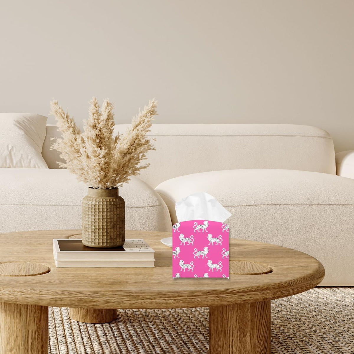 Pink Cheetah Tissue Box Holder, Leather Tissue Box Cover Square, Waterproof Facial Paper Organizer Dispenser for Home Bathroom Bedroom Night Stand Office Countertop -028