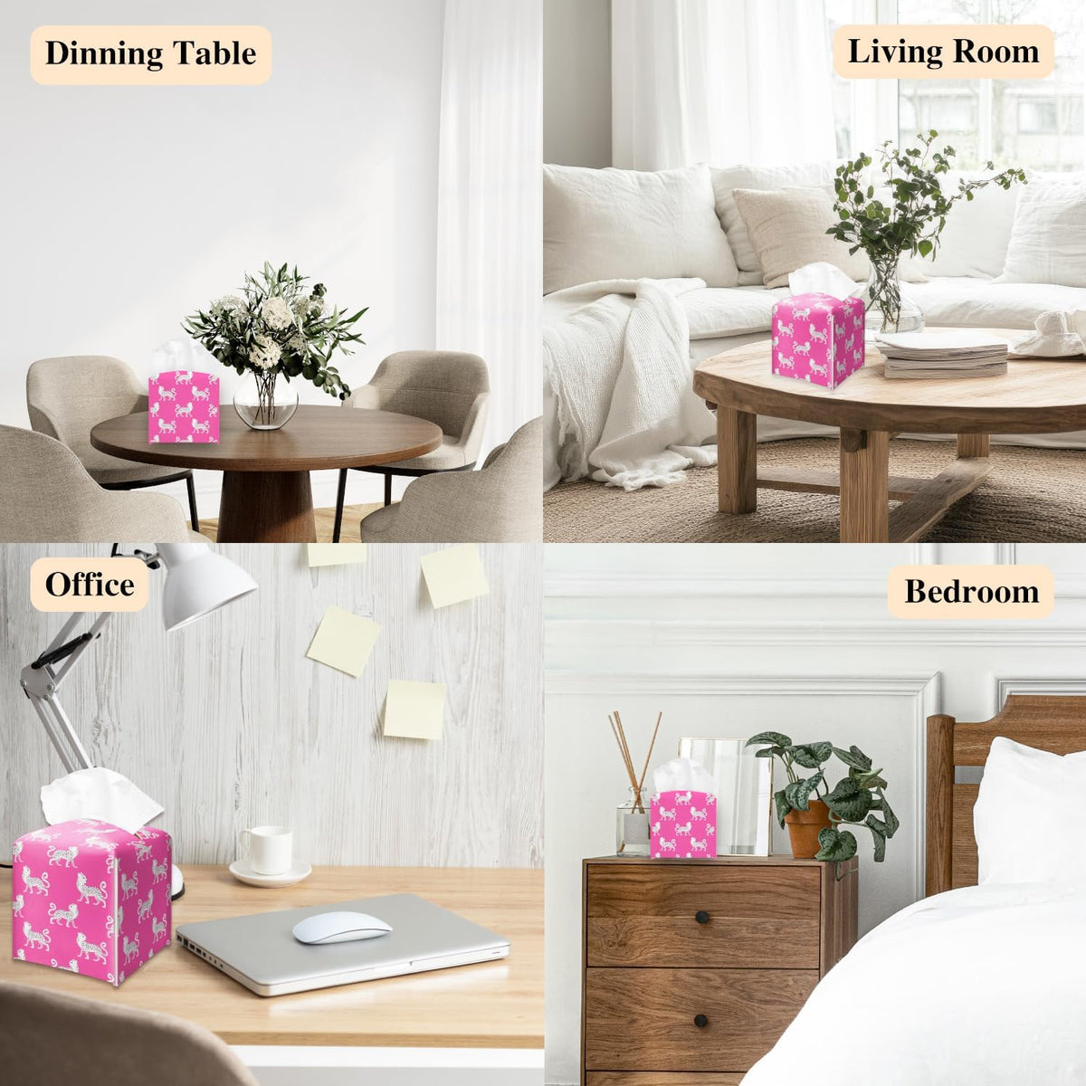 Pink Cheetah Tissue Box Holder, Leather Tissue Box Cover Square, Waterproof Facial Paper Organizer Dispenser for Home Bathroom Bedroom Night Stand Office Countertop -028