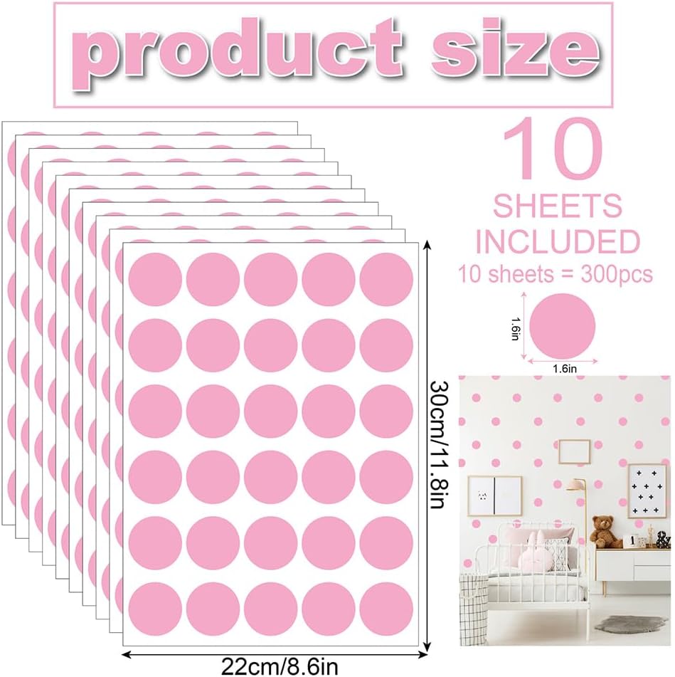 300 PCS Aesthetic Peel & Stick Pastel Pink Polka Dot Wall Vinyl Decals