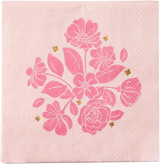 Bonjour Fête Light Pink Floral Cocktail Napkins | 3-Ply Paper Party Napkins with Gold Foil | Elegant Table Decor for Bridal Shower, Baby Shower & Tea Party | 20 Count, 5" Folded
