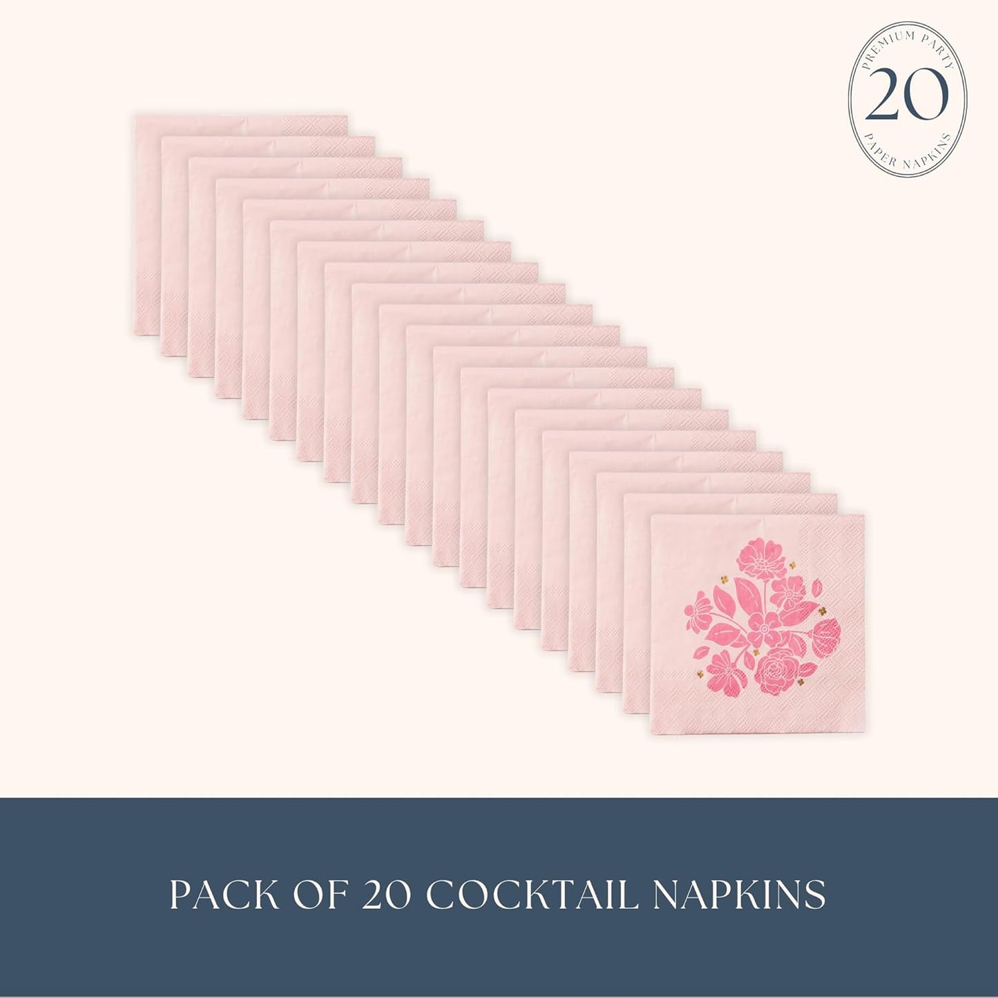 Bonjour Fête Light Pink Floral Cocktail Napkins | 3-Ply Paper Party Napkins with Gold Foil | Elegant Table Decor for Bridal Shower, Baby Shower & Tea Party | 20 Count, 5" Folded