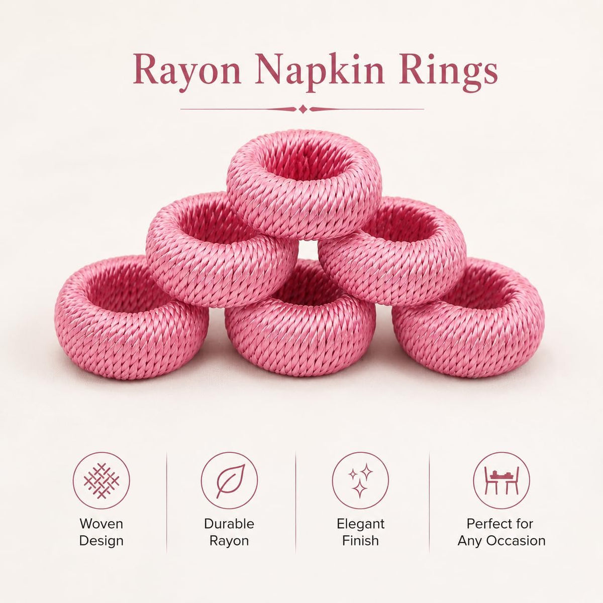 Napkin Rings, Rayon, Pink, Set of 12