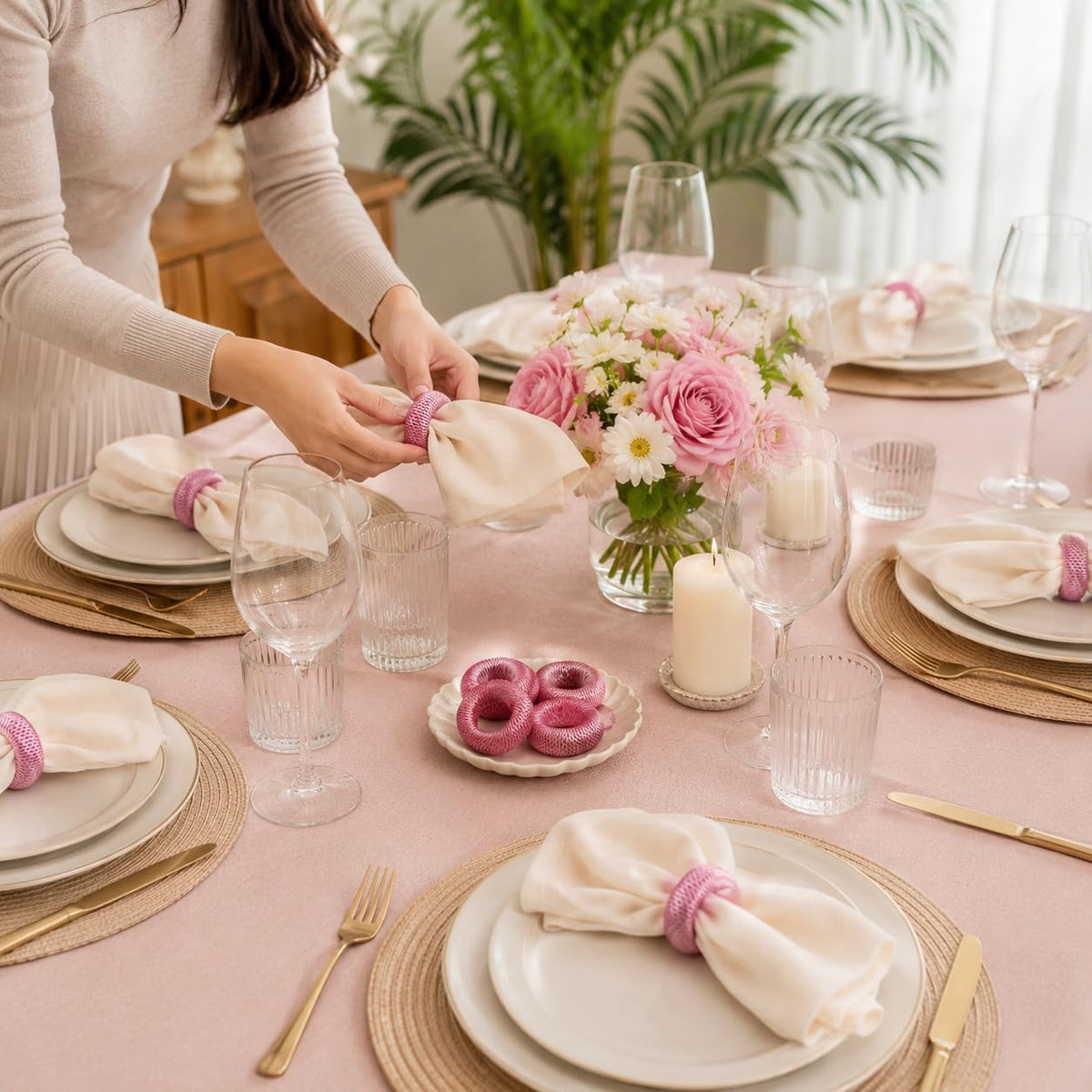 Napkin Rings, Rayon, Pink, Set of 12