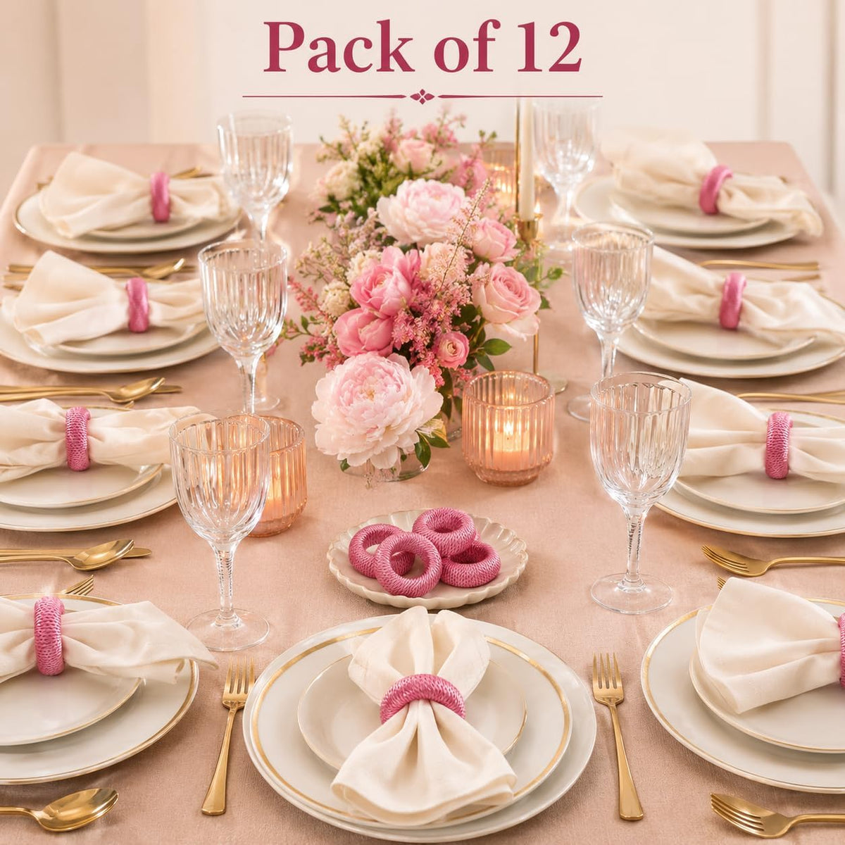Napkin Rings, Rayon, Pink, Set of 12