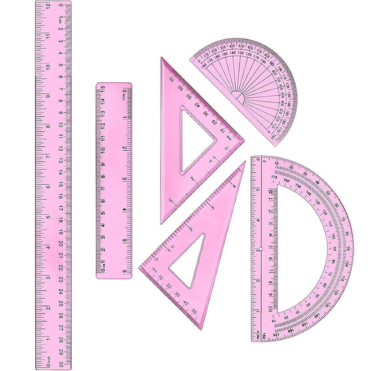 6 Pcs Math Geometry Ruler Set, Protractor Triangle School,Pink