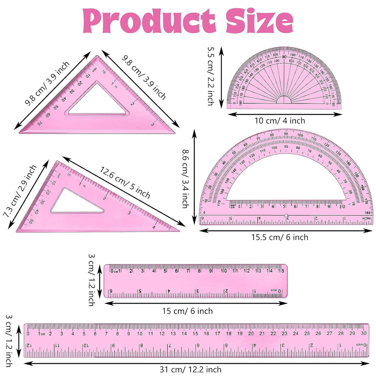 6 Pcs Math Geometry Ruler Set, Protractor Triangle School,Pink