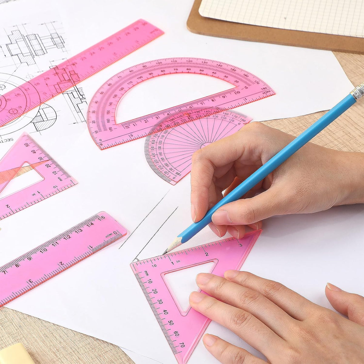 6 Pcs Math Geometry Ruler Set, Protractor Triangle School,Pink