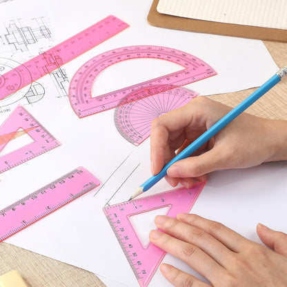 6 Pcs Math Geometry Ruler Set, Protractor Triangle School,Pink