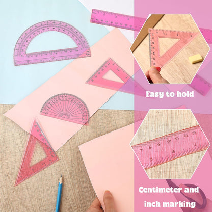 6 Pcs Math Geometry Ruler Set, Protractor Triangle School,Pink