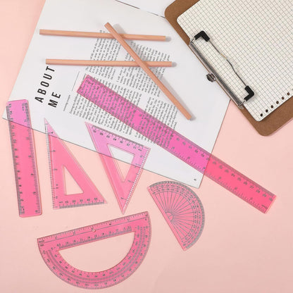 6 Pcs Math Geometry Ruler Set, Protractor Triangle School,Pink
