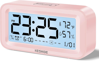 Night Light Digital Alarm Clock Battery Operated with Indoor Temperature Humidity, Desk Small Clock,Snooze Model,12/24H Display for Bedrooms Heavy Sleepers Kids Travel Bathroom (Pink)