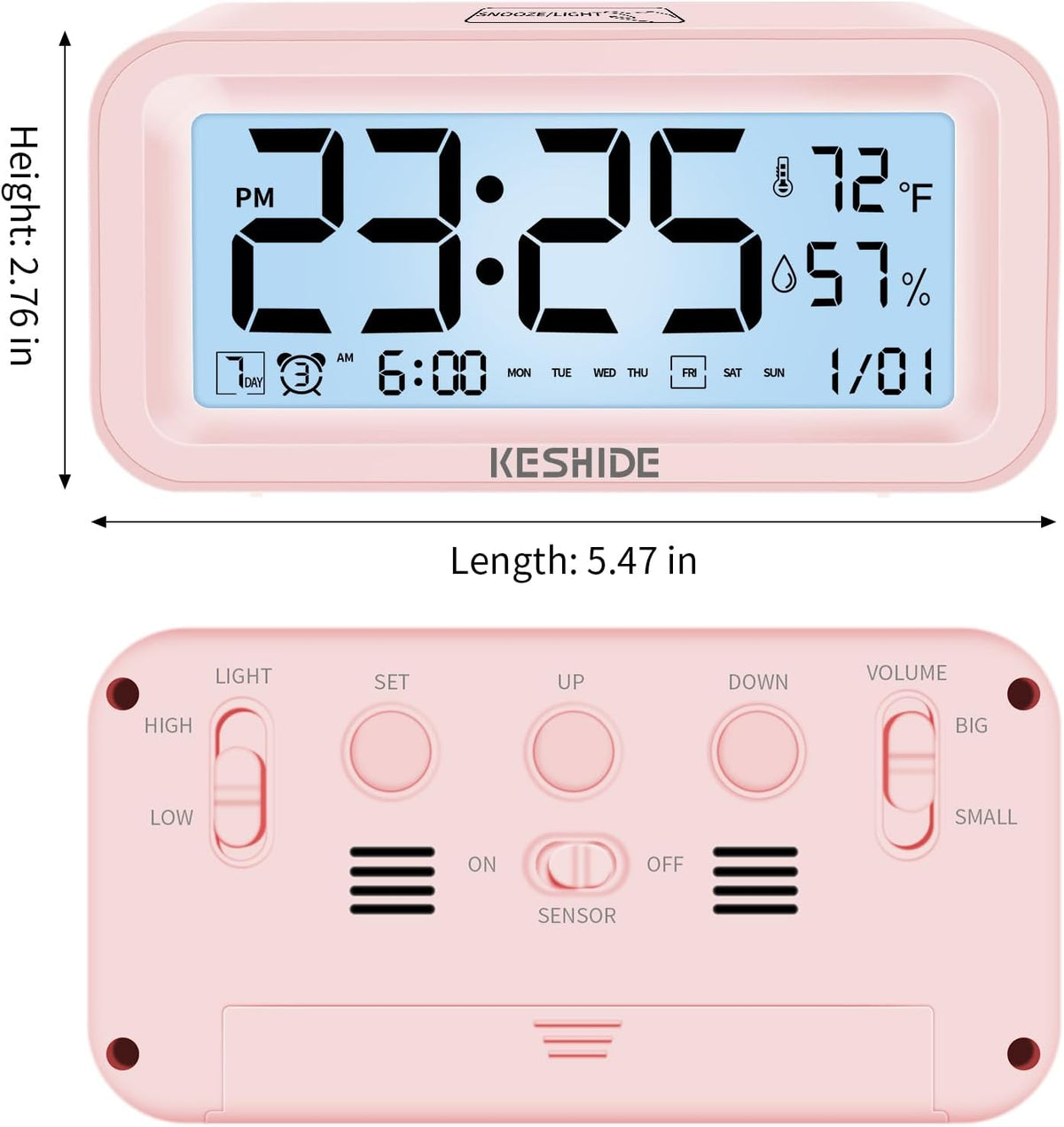 Night Light Digital Alarm Clock Battery Operated with Indoor Temperature Humidity, Desk Small Clock,Snooze Model,12/24H Display for Bedrooms Heavy Sleepers Kids Travel Bathroom (Pink)