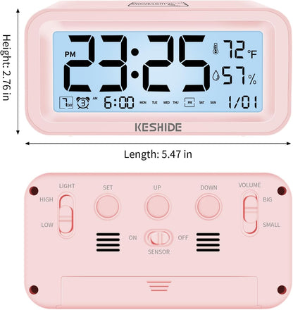 Night Light Digital Alarm Clock Battery Operated with Indoor Temperature Humidity, Desk Small Clock,Snooze Model,12/24H Display for Bedrooms Heavy Sleepers Kids Travel Bathroom (Pink)