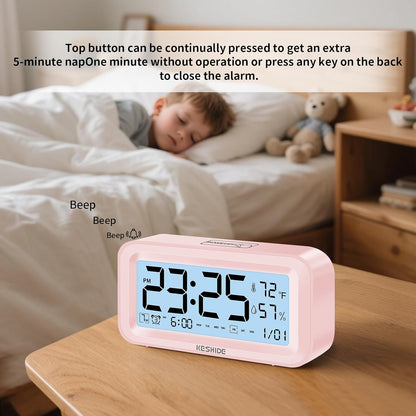 Night Light Digital Alarm Clock Battery Operated with Indoor Temperature Humidity, Desk Small Clock,Snooze Model,12/24H Display for Bedrooms Heavy Sleepers Kids Travel Bathroom (Pink)