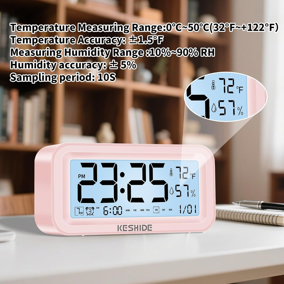 Night Light Digital Alarm Clock Battery Operated with Indoor Temperature Humidity, Desk Small Clock,Snooze Model,12/24H Display for Bedrooms Heavy Sleepers Kids Travel Bathroom (Pink)
