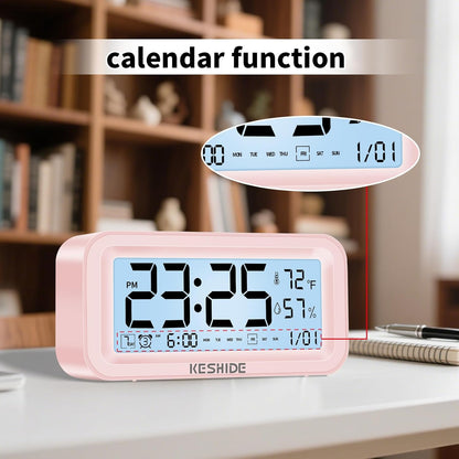 Night Light Digital Alarm Clock Battery Operated with Indoor Temperature Humidity, Desk Small Clock,Snooze Model,12/24H Display for Bedrooms Heavy Sleepers Kids Travel Bathroom (Pink)