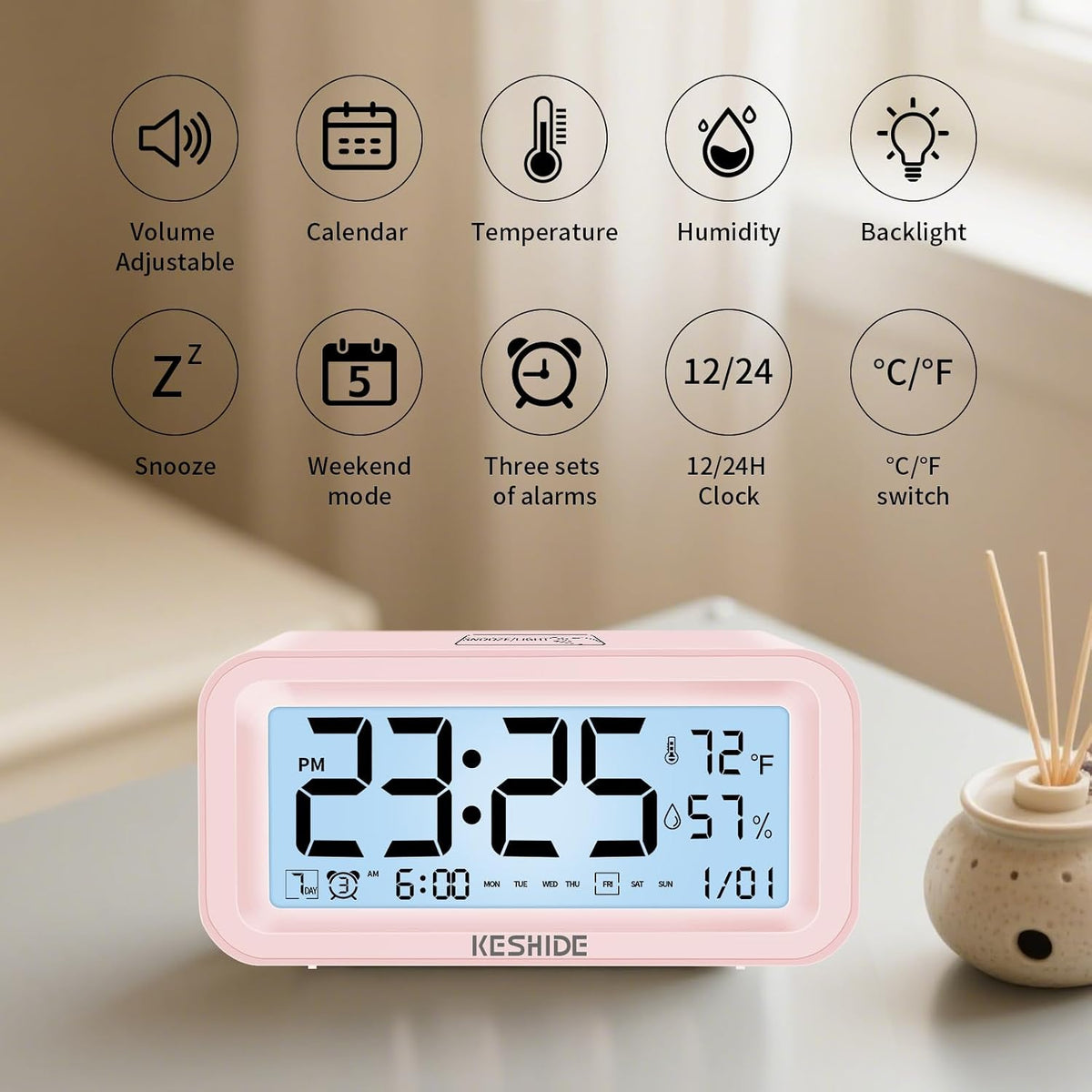 Night Light Digital Alarm Clock Battery Operated with Indoor Temperature Humidity, Desk Small Clock,Snooze Model,12/24H Display for Bedrooms Heavy Sleepers Kids Travel Bathroom (Pink)