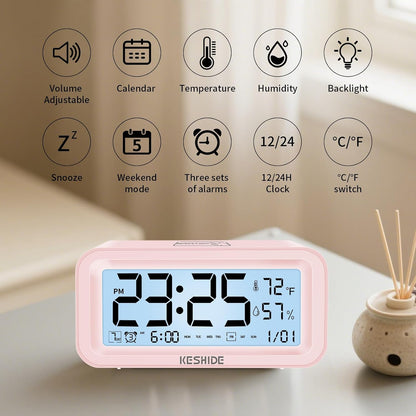 Night Light Digital Alarm Clock Battery Operated with Indoor Temperature Humidity, Desk Small Clock,Snooze Model,12/24H Display for Bedrooms Heavy Sleepers Kids Travel Bathroom (Pink)