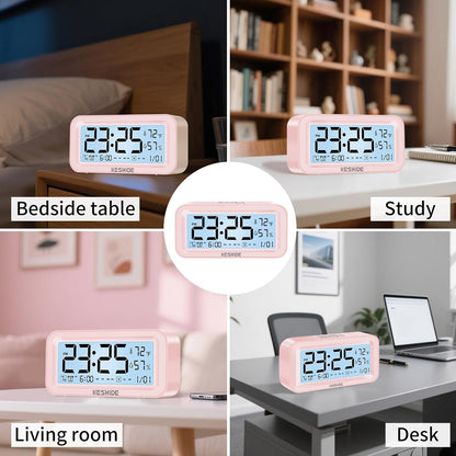 Night Light Digital Alarm Clock Battery Operated with Indoor Temperature Humidity, Desk Small Clock,Snooze Model,12/24H Display for Bedrooms Heavy Sleepers Kids Travel Bathroom (Pink)