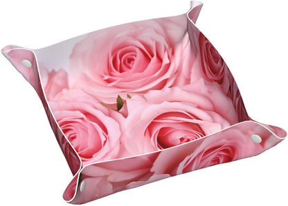 Small Valet Tray Desktop Storage Organizer, Pu Leather Catchall Bedside Vanity Tray Pink Fresh Roses Nightstand Caddy Holder for Remote Controller, Keys, Phone, Wallet, Coin, Jewelry 9.8x2 Inch