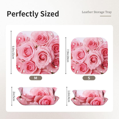 Small Valet Tray Desktop Storage Organizer, Pu Leather Catchall Bedside Vanity Tray Pink Fresh Roses Nightstand Caddy Holder for Remote Controller, Keys, Phone, Wallet, Coin, Jewelry 9.8x2 Inch
