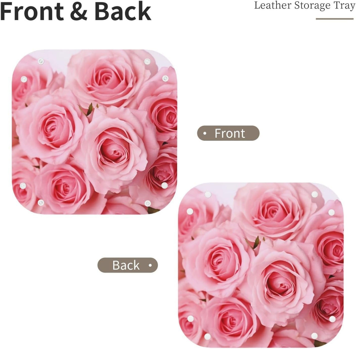 Small Valet Tray Desktop Storage Organizer, Pu Leather Catchall Bedside Vanity Tray Pink Fresh Roses Nightstand Caddy Holder for Remote Controller, Keys, Phone, Wallet, Coin, Jewelry 9.8x2 Inch