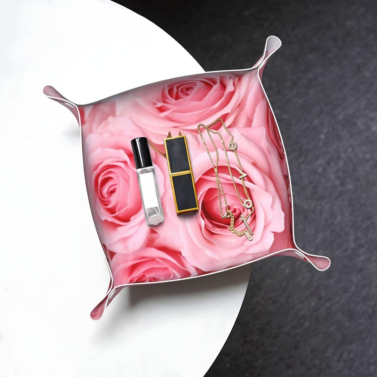 Small Valet Tray Desktop Storage Organizer, Pu Leather Catchall Bedside Vanity Tray Pink Fresh Roses Nightstand Caddy Holder for Remote Controller, Keys, Phone, Wallet, Coin, Jewelry 9.8x2 Inch