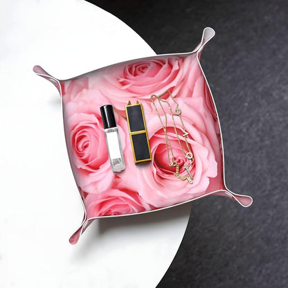 Small Valet Tray Desktop Storage Organizer, Pu Leather Catchall Bedside Vanity Tray Pink Fresh Roses Nightstand Caddy Holder for Remote Controller, Keys, Phone, Wallet, Coin, Jewelry 9.8x2 Inch