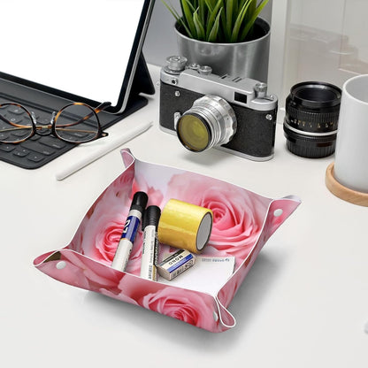 Small Valet Tray Desktop Storage Organizer, Pu Leather Catchall Bedside Vanity Tray Pink Fresh Roses Nightstand Caddy Holder for Remote Controller, Keys, Phone, Wallet, Coin, Jewelry 9.8x2 Inch