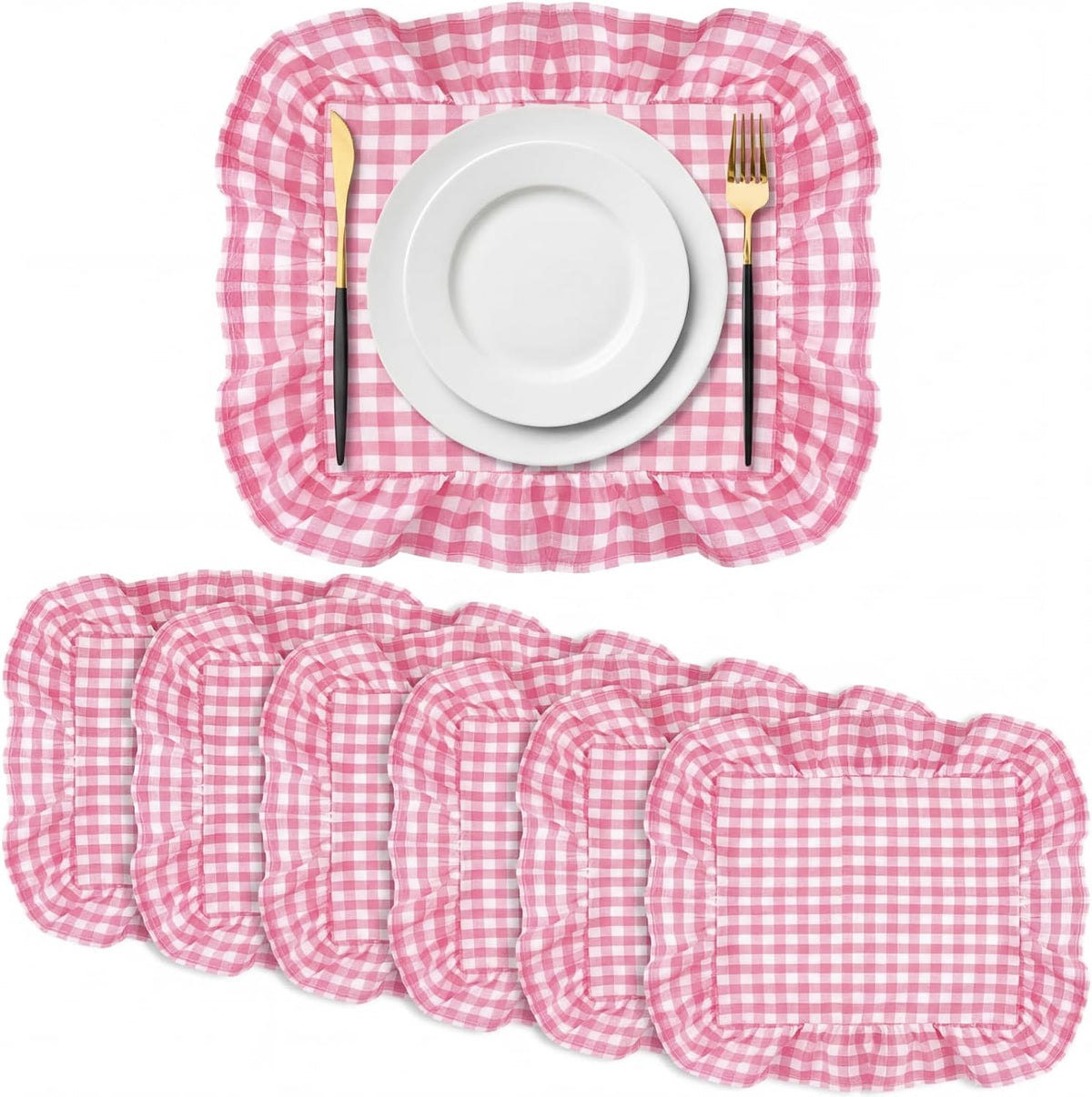 Set of 6 Pink Checkered Placemats Ruffled Rectangle Gingham Table Placemat Fabric Vintage Farmhouse Retro Pastel Aesthetic Chic Mat for Birthday Garden Picnic Baby Shower Bridal Shower