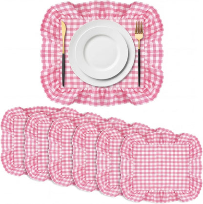 Set of 6 Pink Checkered Placemats Ruffled Rectangle Gingham Table Placemat Fabric Vintage Farmhouse Retro Pastel Aesthetic Chic Mat for Birthday Garden Picnic Baby Shower Bridal Shower