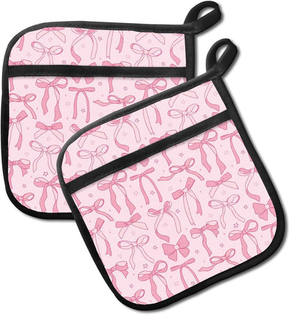 2 Pack Pot Holders for Kitchen Clearance, Cute Hot Pads, Funny Oven Pot Holders, Potholders Sets for Kitchen Heat Resistant, Pink Bow