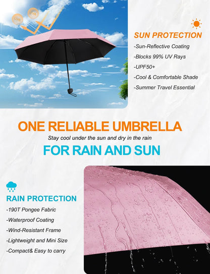 Mini Travel Umbrella Compact Small Size, UV Protection for Sun & Rain, Lightweight Folding, Wind Resistant, Small Backpack Purse Size for Women Kids