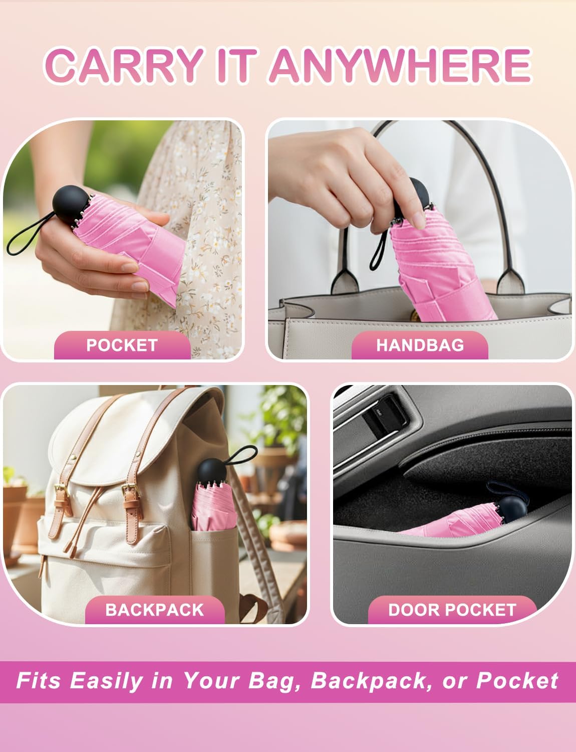 Mini Travel Umbrella Compact Small Size, UV Protection for Sun & Rain, Lightweight Folding, Wind Resistant, Small Backpack Purse Size for Women Kids