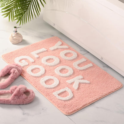 You Look Good Bath Mat Cute Pink Bathroom Rugs Funny Bath Rug, Non Slip Floor Mat Cool Home Decor, Soft Microfiber Bathmat Machine Washable Super Absorbent Carpet for Shower (16x24 inch)