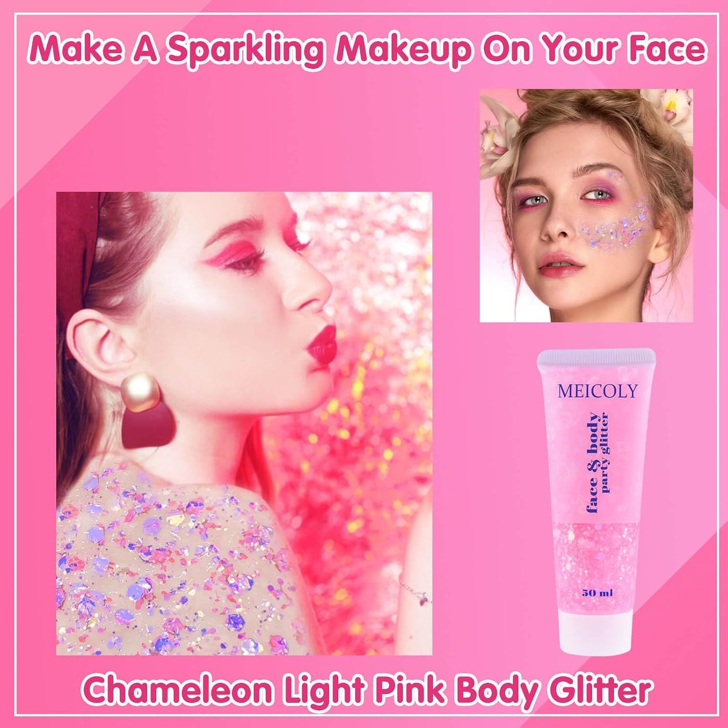 Chameleon Light Pink Body Glitter,Chunky Face Glitter for Halloween,Color Changing Mermaid Face Glitter Gel,Holographic Pink Halloween Hair Glitter for Concerts Festival Party
