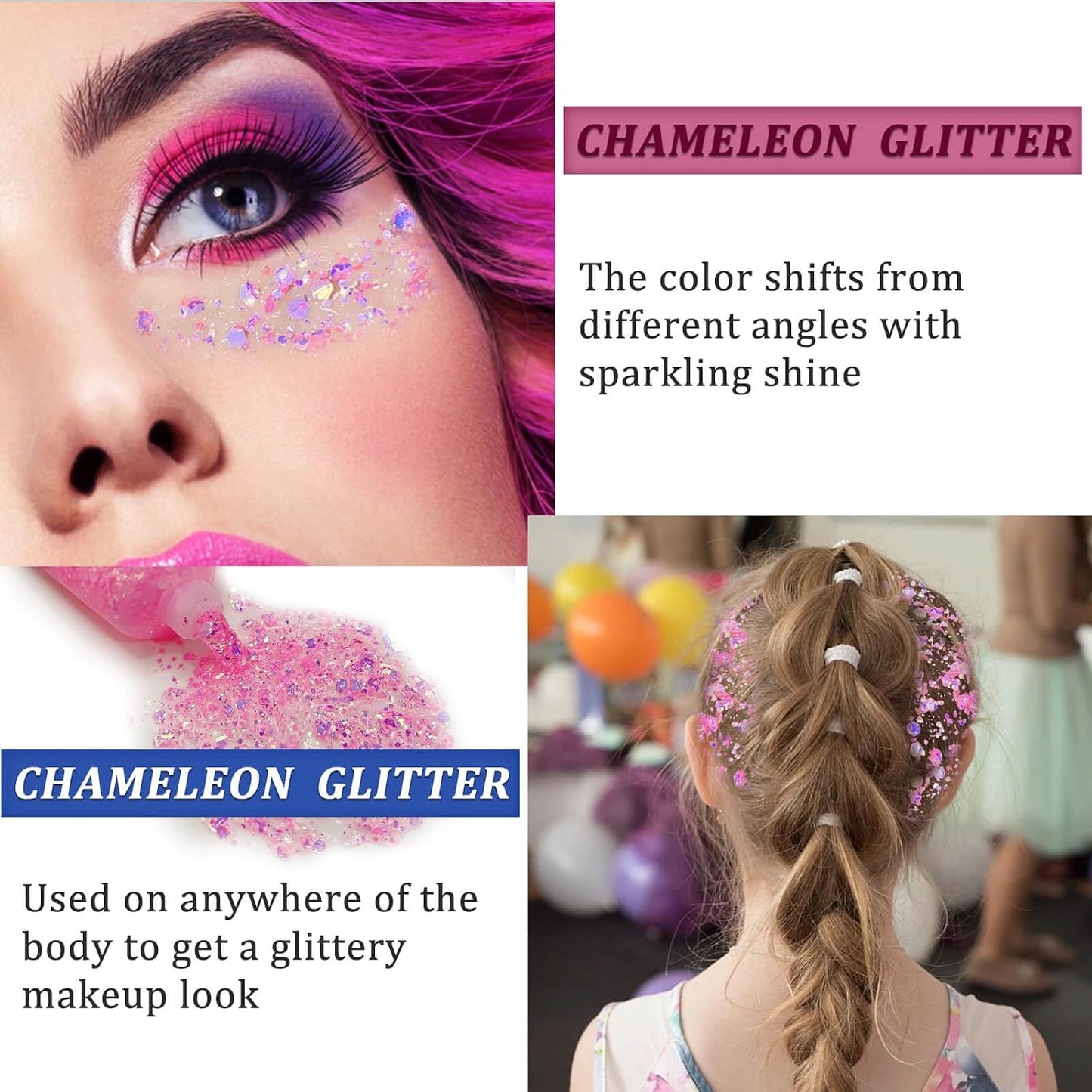 Chameleon Light Pink Body Glitter,Chunky Face Glitter for Halloween,Color Changing Mermaid Face Glitter Gel,Holographic Pink Halloween Hair Glitter for Concerts Festival Party