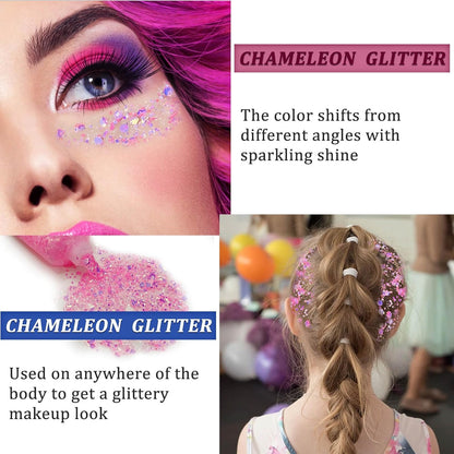 Chameleon Light Pink Body Glitter,Chunky Face Glitter for Halloween,Color Changing Mermaid Face Glitter Gel,Holographic Pink Halloween Hair Glitter for Concerts Festival Party
