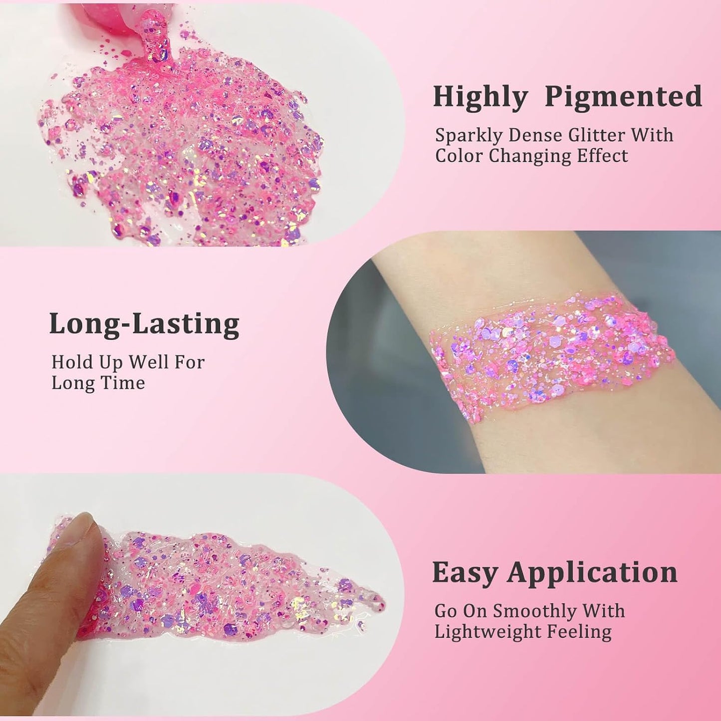 Chameleon Light Pink Body Glitter,Chunky Face Glitter for Halloween,Color Changing Mermaid Face Glitter Gel,Holographic Pink Halloween Hair Glitter for Concerts Festival Party