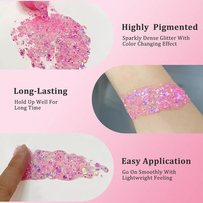 Chameleon Light Pink Body Glitter,Chunky Face Glitter for Halloween,Color Changing Mermaid Face Glitter Gel,Holographic Pink Halloween Hair Glitter for Concerts Festival Party