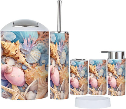 Pink Coastal Bathroom Accessories Set 6 piece Pink Coastal Preppy Beach Aesthetic Shells Seashells Variety Plastic shatterproof Vanity Organization countertop Decor for Home, Apartment, Dorm