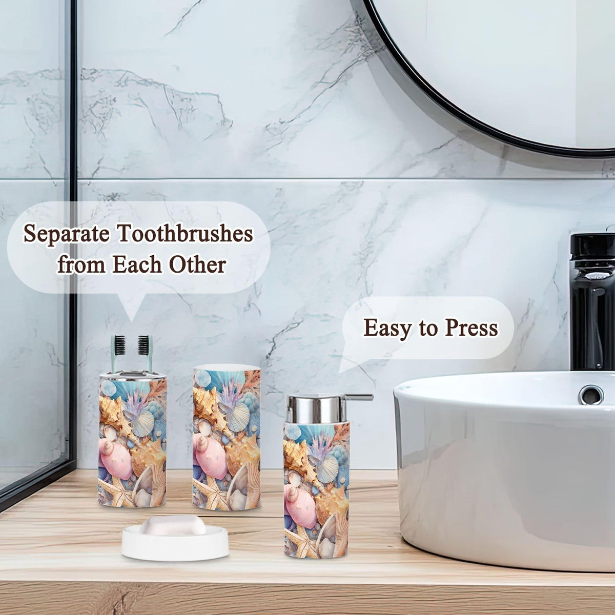 Pink Coastal Bathroom Accessories Set 6 piece Pink Coastal Preppy Beach Aesthetic Shells Seashells Variety Plastic shatterproof Vanity Organization countertop Decor for Home, Apartment, Dorm