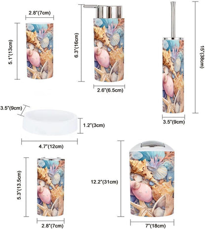 Pink Coastal Bathroom Accessories Set 6 piece Pink Coastal Preppy Beach Aesthetic Shells Seashells Variety Plastic shatterproof Vanity Organization countertop Decor for Home, Apartment, Dorm