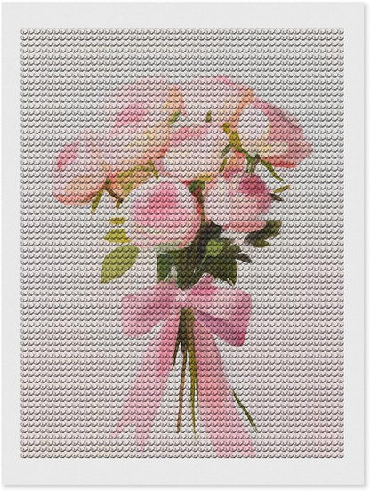 Bouquet of Pink Roses with Bow Minimalist Gouache DIY Gem Art Painting Kit for Adults Full Drill Round Gem Craft Kit 12"x16"