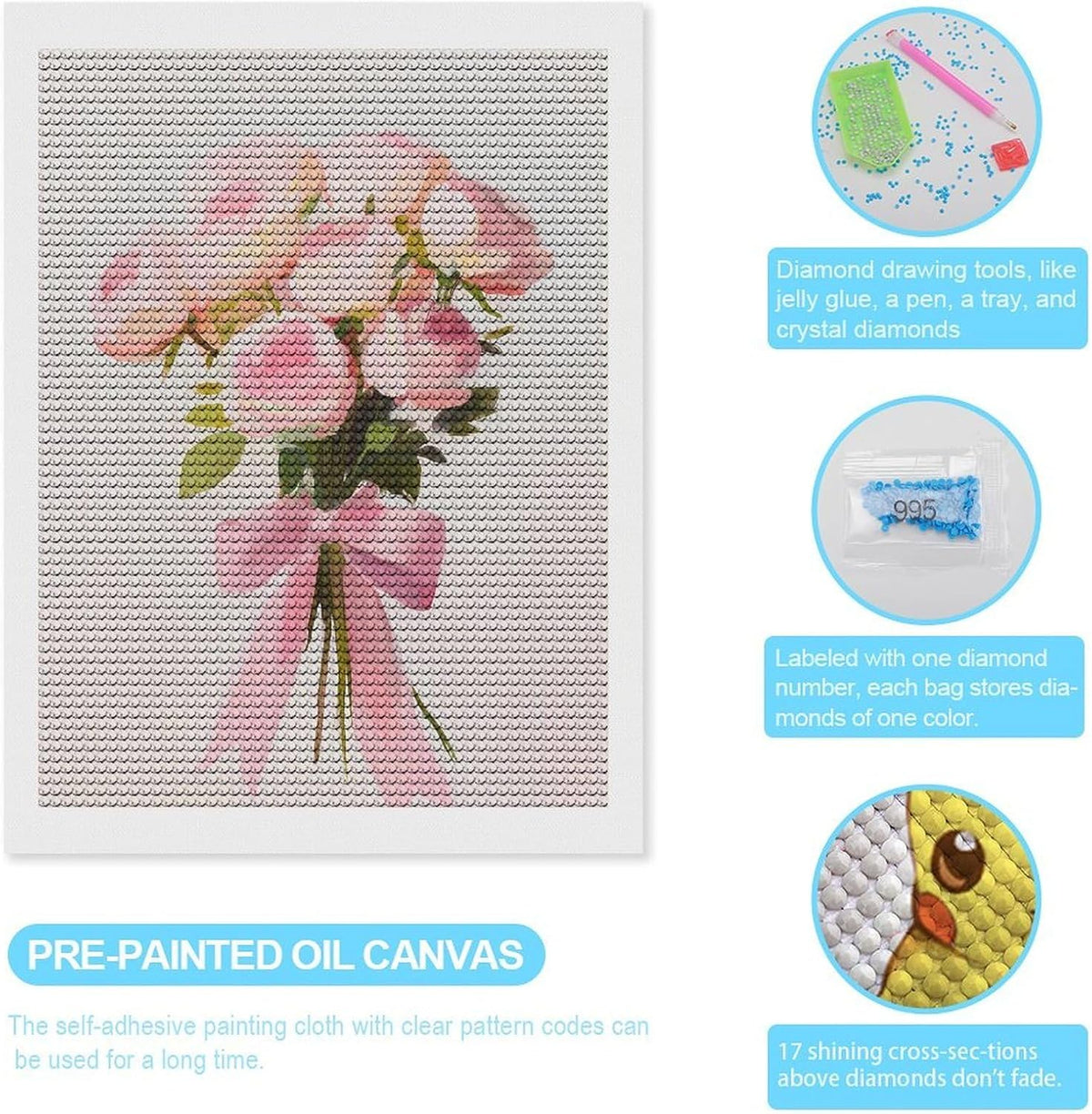 Bouquet of Pink Roses with Bow Minimalist Gouache DIY Gem Art Painting Kit for Adults Full Drill Round Gem Craft Kit 12"x16"