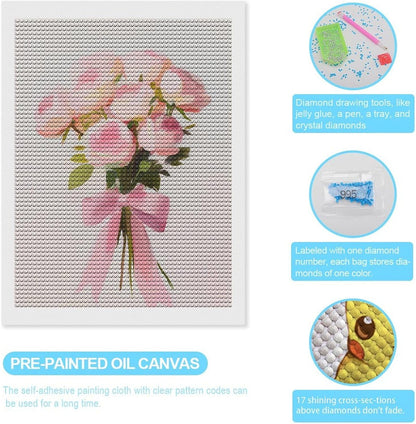 Bouquet of Pink Roses with Bow Minimalist Gouache DIY Gem Art Painting Kit for Adults Full Drill Round Gem Craft Kit 12"x16"