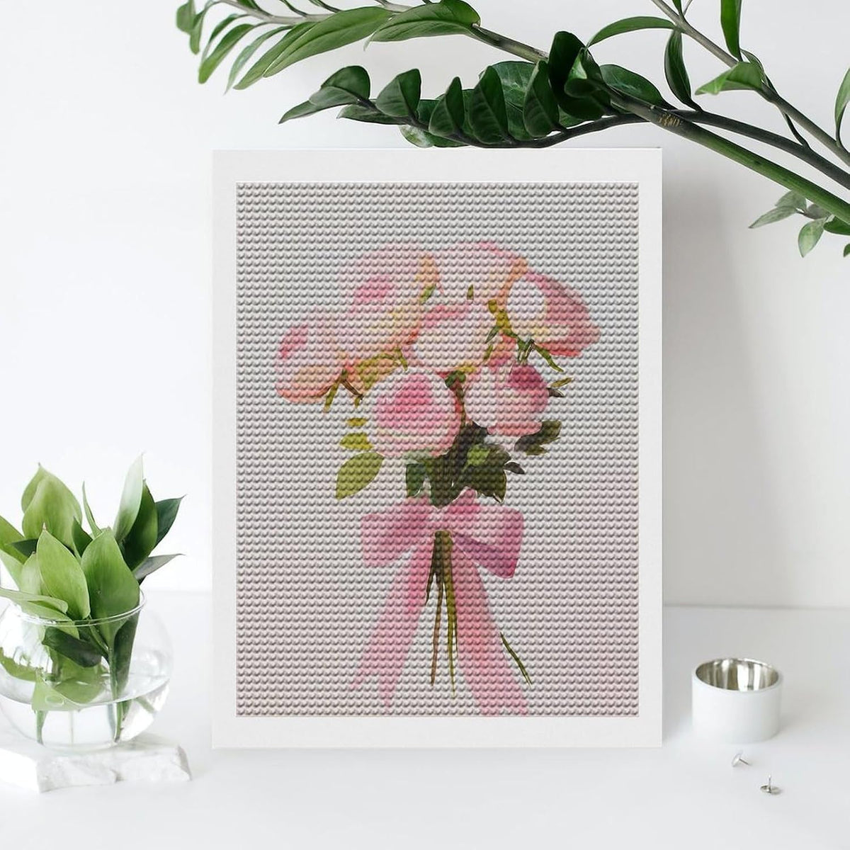 Bouquet of Pink Roses with Bow Minimalist Gouache DIY Gem Art Painting Kit for Adults Full Drill Round Gem Craft Kit 12"x16"