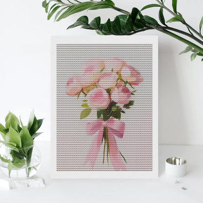Bouquet of Pink Roses with Bow Minimalist Gouache DIY Gem Art Painting Kit for Adults Full Drill Round Gem Craft Kit 12"x16"